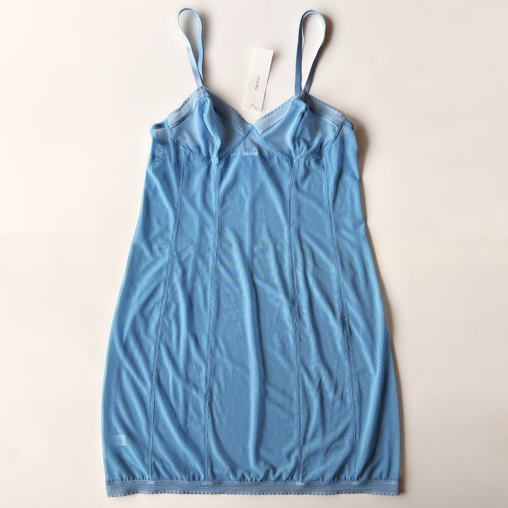 DKNY Blue Mesh Slip Shapewear size Small, Adjustable Straps, Knee Length